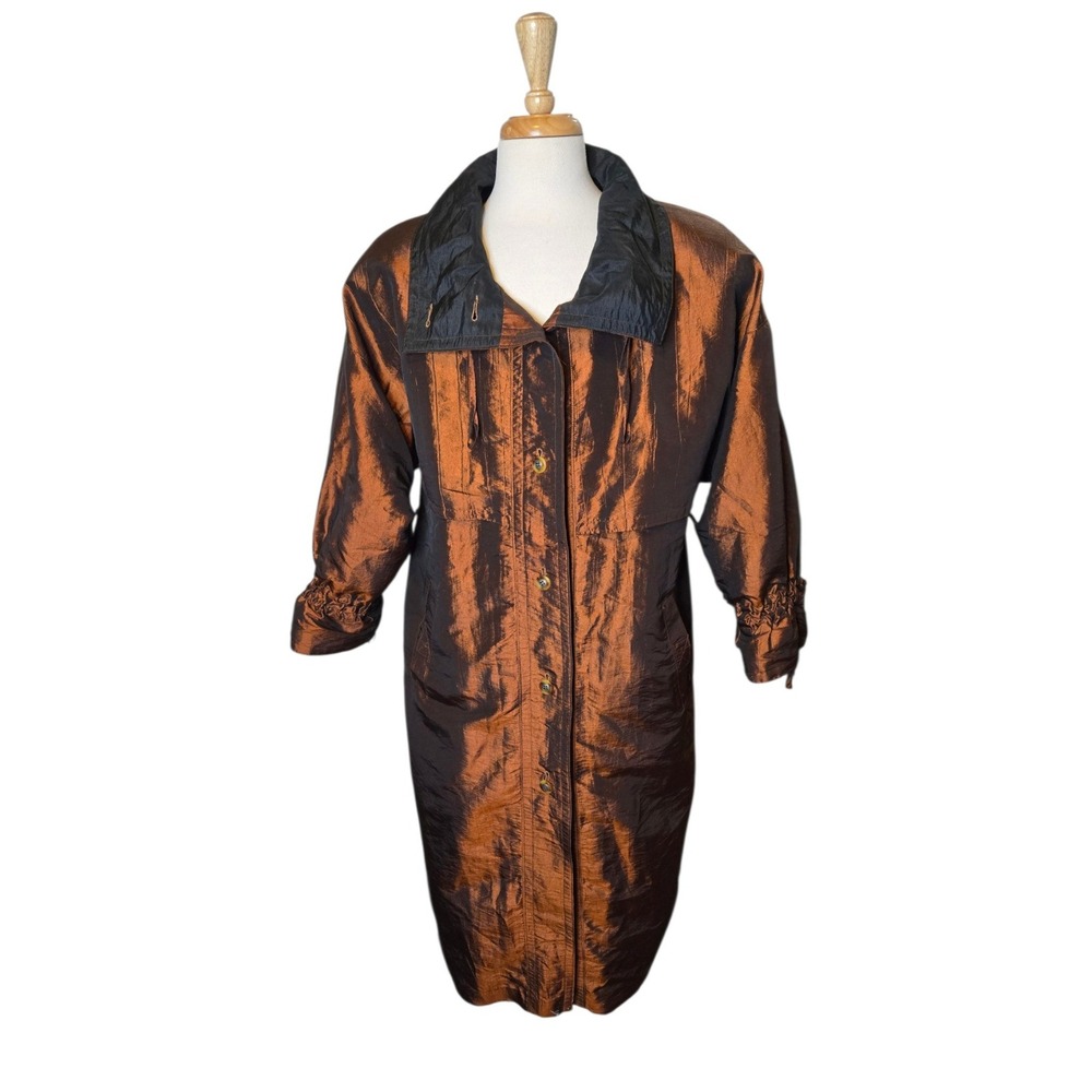 Vintage Bronze Iridescent Long Insulated Coat Size 10 Zip Snap Front Art Wear - Picture 2 of 8